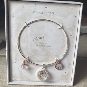 Stainless Steel 'Mom' Charm Bangle Bracelet in Silver with Rose Gold Accents